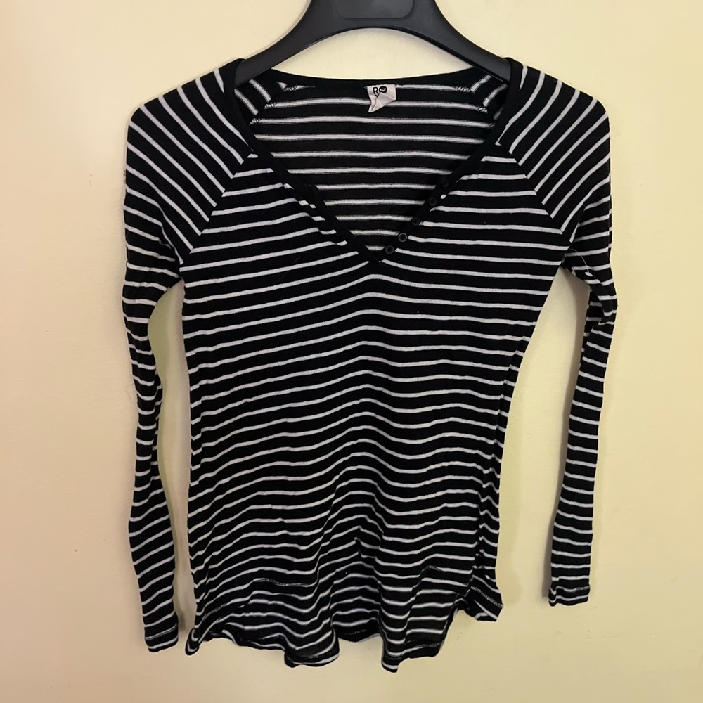 Roxy Black and White Striped Long Sleeve Top